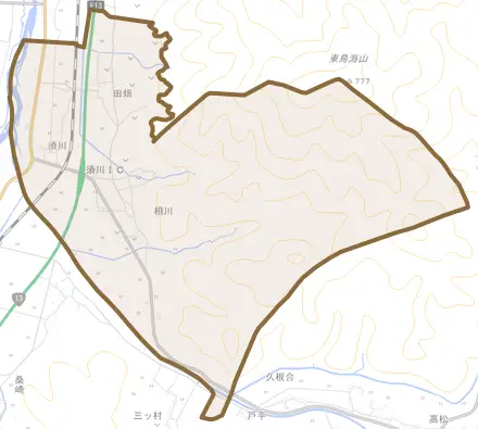 相川とその周辺の地図。町の範囲を重ねている