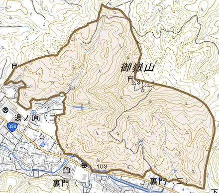 字赤土とその周辺の地図。町の範囲を重ねている
