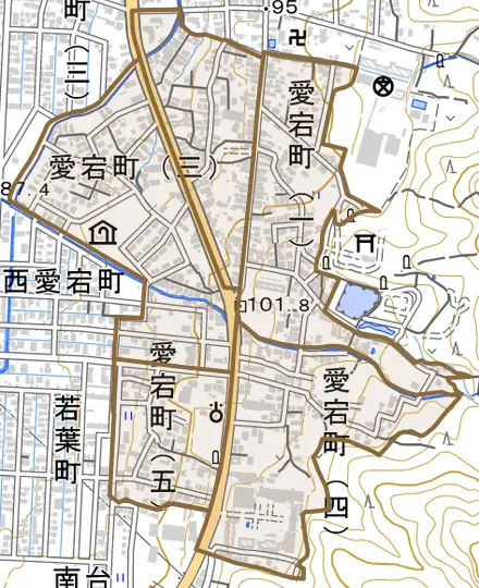 愛宕町とその周辺の地図。町の範囲を重ねている