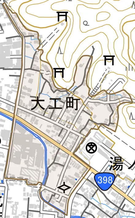 大工町とその周辺の地図。町の範囲を重ねている