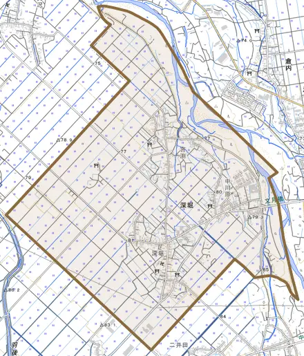 深堀とその周辺の地図。町の範囲を重ねている