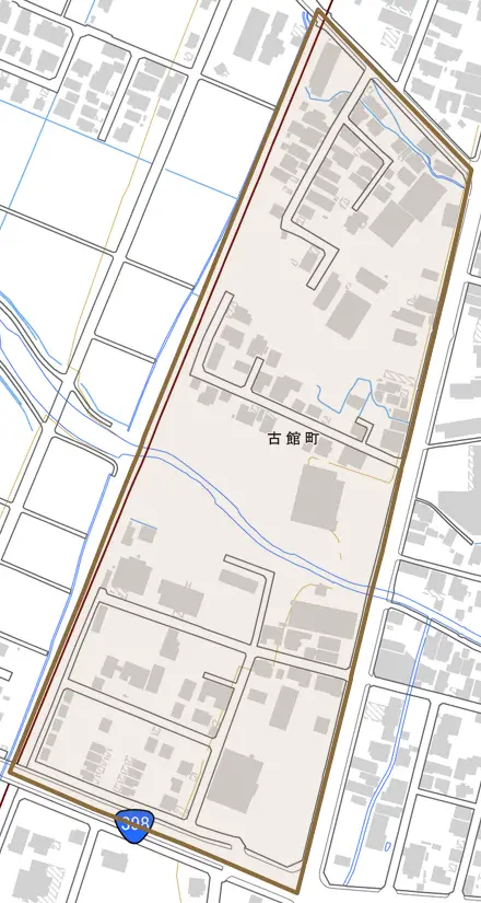 古館町とその周辺の地図。町の範囲を重ねている