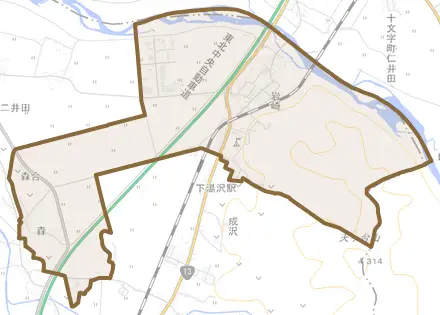 岩崎とその周辺の地図。町の範囲を重ねている