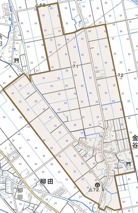 金谷とその周辺の地図。町の範囲を重ねている