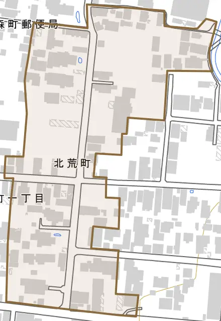 北荒町とその周辺の地図。町の範囲を重ねている