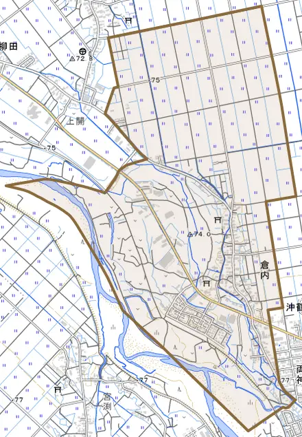 倉内とその周辺の地図。町の範囲を重ねている