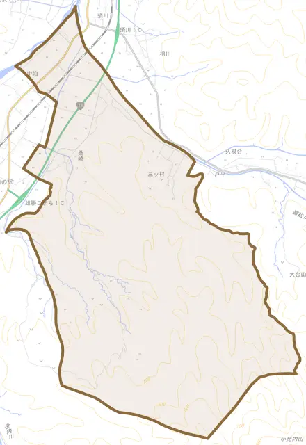 桑崎とその周辺の地図。町の範囲を重ねている