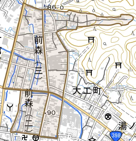 前森とその周辺の地図。町の範囲を重ねている