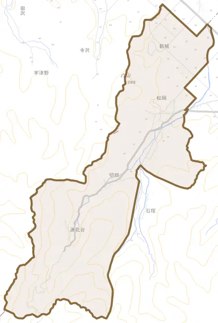 松岡とその周辺の地図。町の範囲を重ねている