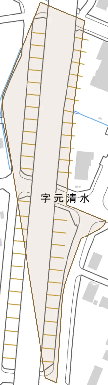 字元清水とその周辺の地図。町の範囲を重ねている