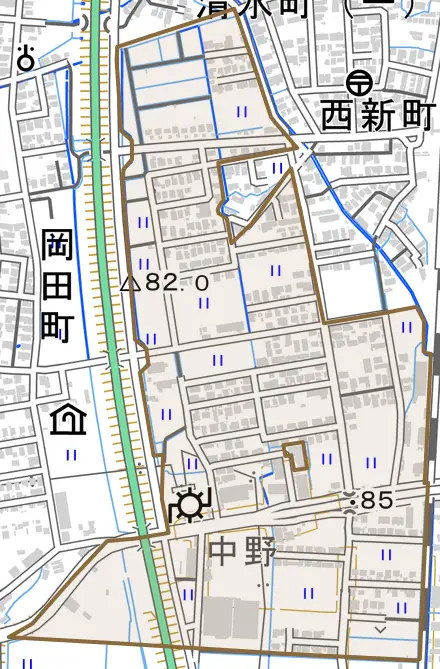 字中野とその周辺の地図。町の範囲を重ねている