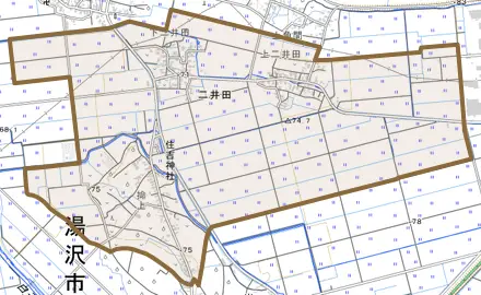 二井田とその周辺の地図。町の範囲を重ねている