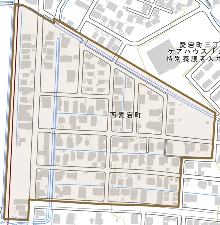 西愛宕町とその周辺の地図。町の範囲を重ねている