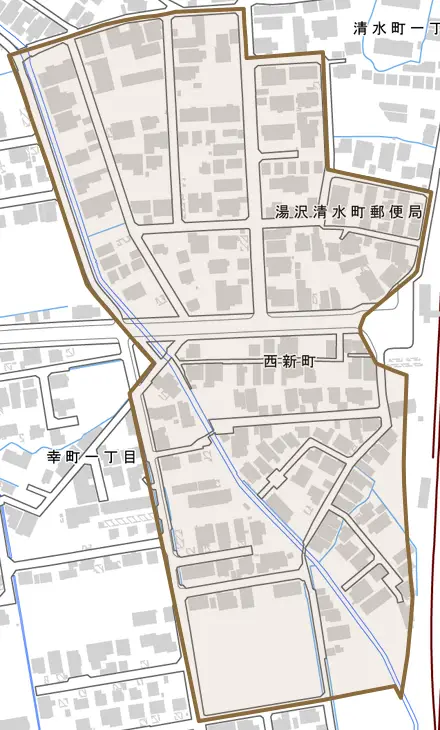 西新町とその周辺の地図。町の範囲を重ねている