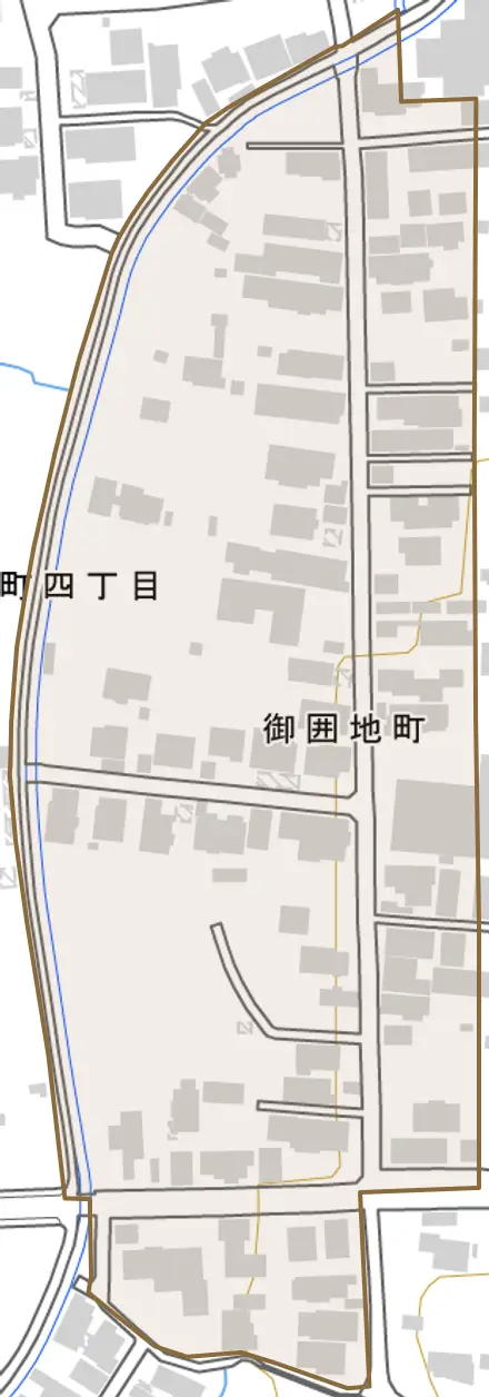 御囲地町とその周辺の地図。町の範囲を重ねている