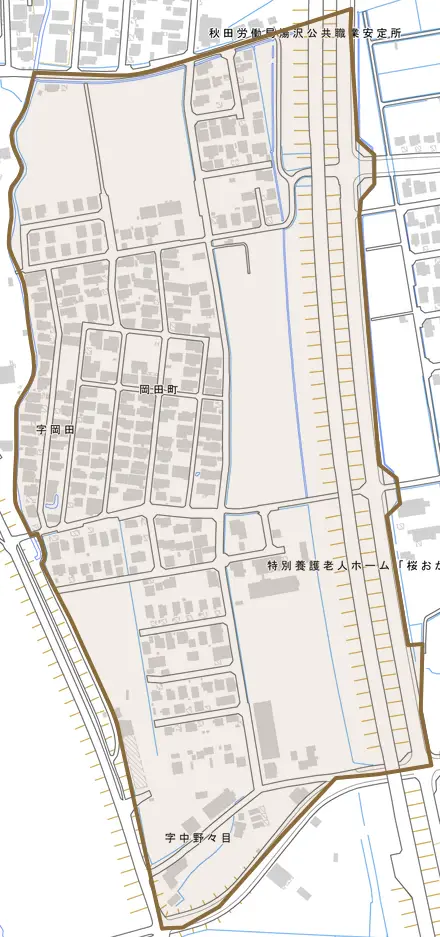 岡田町とその周辺の地図。町の範囲を重ねている