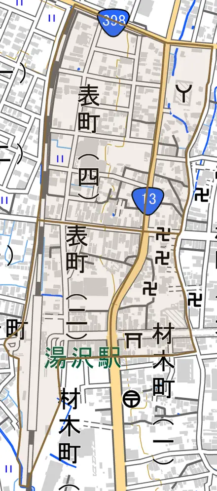 表町とその周辺の地図。町の範囲を重ねている