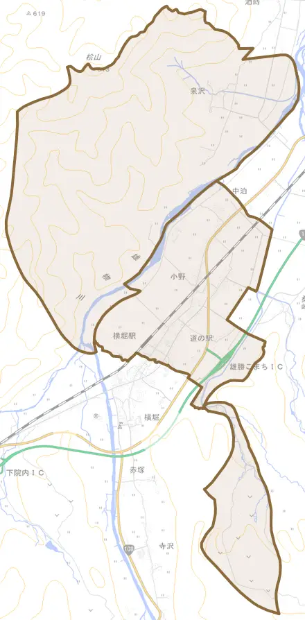 小野とその周辺の地図。町の範囲を重ねている