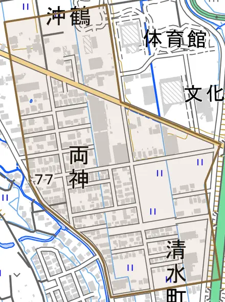 字両神とその周辺の地図。町の範囲を重ねている