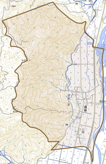 酒蒔とその周辺の地図。町の範囲を重ねている
