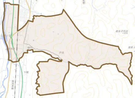 関口とその周辺の地図。町の範囲を重ねている