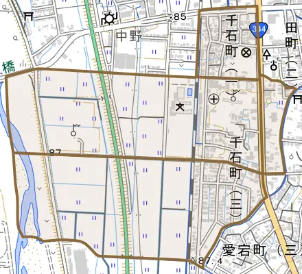 千石町とその周辺の地図。町の範囲を重ねている