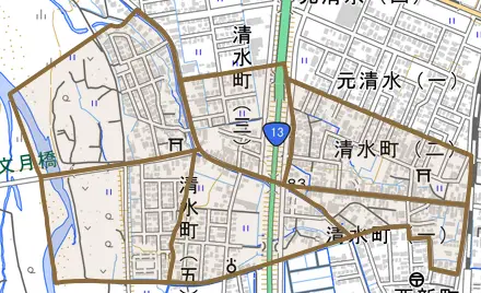 清水町とその周辺の地図。町の範囲を重ねている
