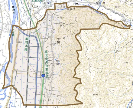 下関とその周辺の地図。町の範囲を重ねている