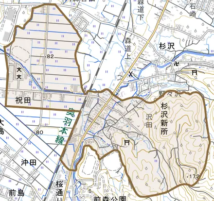 杉沢新所とその周辺の地図。町の範囲を重ねている