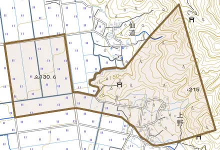 字上野とその周辺の地図。町の範囲を重ねている