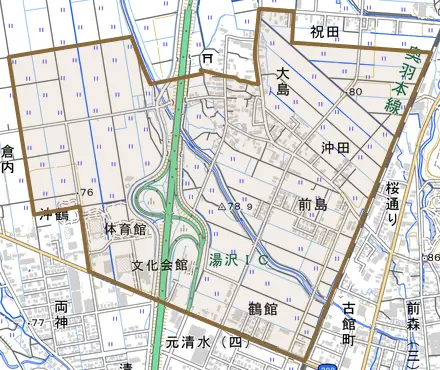 字大島町とその周辺の地図。町の範囲を重ねている