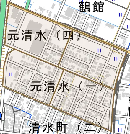 元清水とその周辺の地図。町の範囲を重ねている