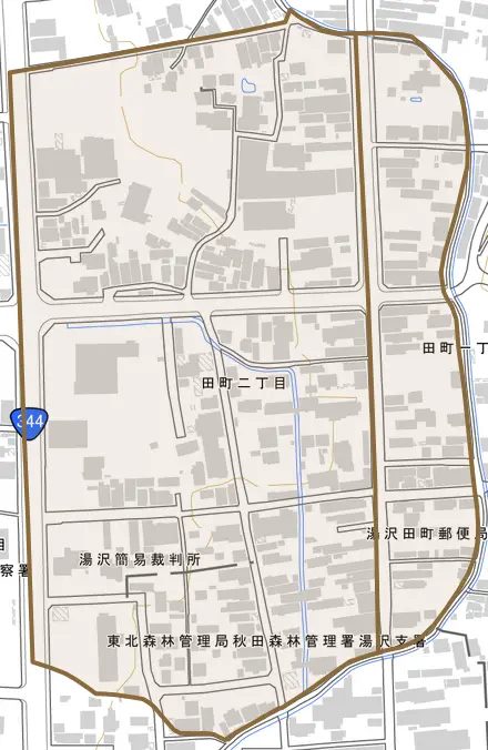 田町とその周辺の地図。町の範囲を重ねている