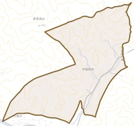 宇留院内とその周辺の地図。町の範囲を重ねている