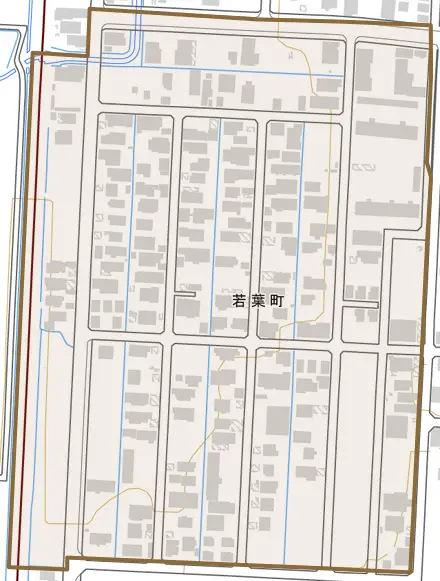 若葉町とその周辺の地図。町の範囲を重ねている