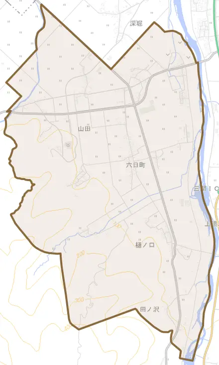 山田とその周辺の地図。町の範囲を重ねている