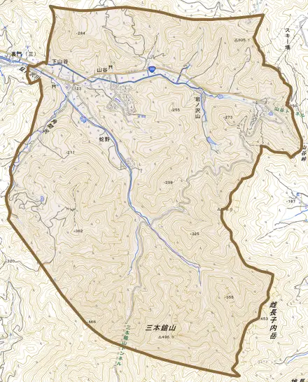 字山谷とその周辺の地図。町の範囲を重ねている