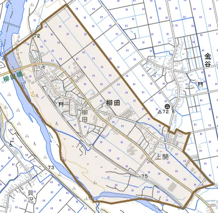柳田とその周辺の地図。町の範囲を重ねている