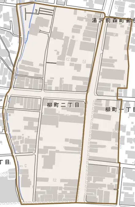 柳町とその周辺の地図。町の範囲を重ねている