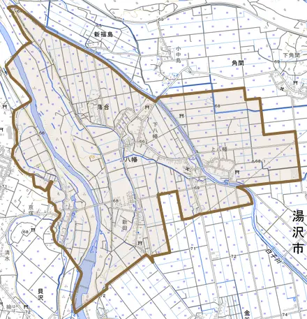 八幡とその周辺の地図。町の範囲を重ねている