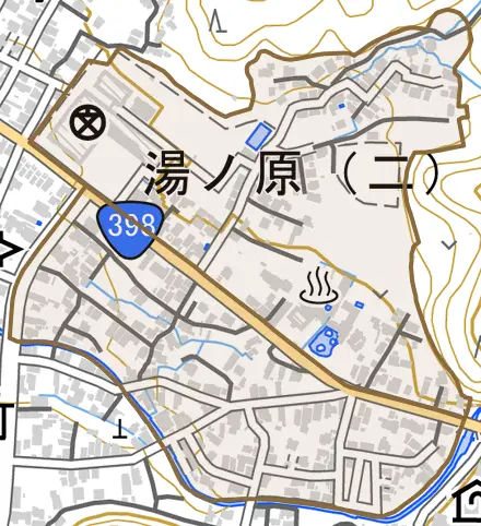 湯ノ原とその周辺の地図。町の範囲を重ねている