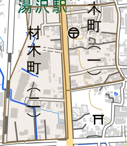 材木町とその周辺の地図。町の範囲を重ねている