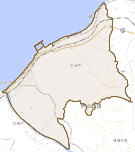 大字赤石町とその周辺の地図。町の範囲を重ねている