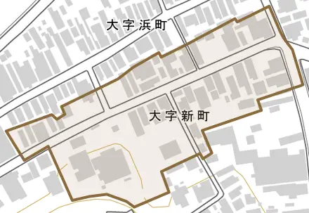 大字新町とその周辺の地図。町の範囲を重ねている