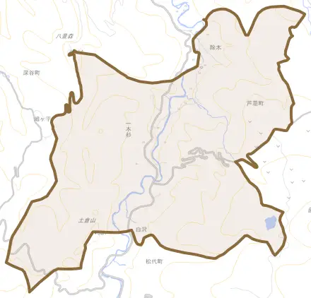大字芦萢町とその周辺の地図。町の範囲を重ねている
