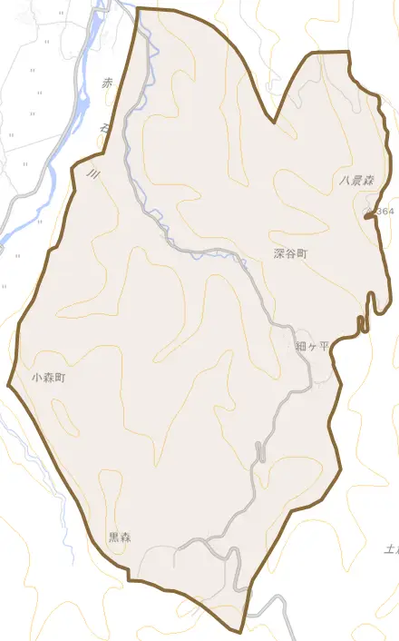 大字深谷町とその周辺の地図。町の範囲を重ねている