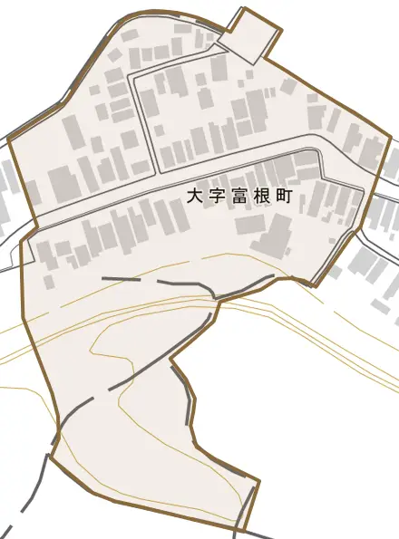 大字富根町とその周辺の地図。町の範囲を重ねている