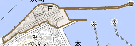 大字浜町とその周辺の地図。町の範囲を重ねている