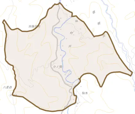 大字浜横沢町とその周辺の地図。町の範囲を重ねている