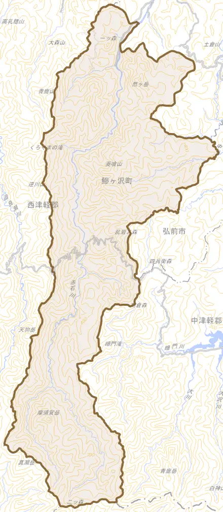 大字一ツ森町とその周辺の地図。町の範囲を重ねている
